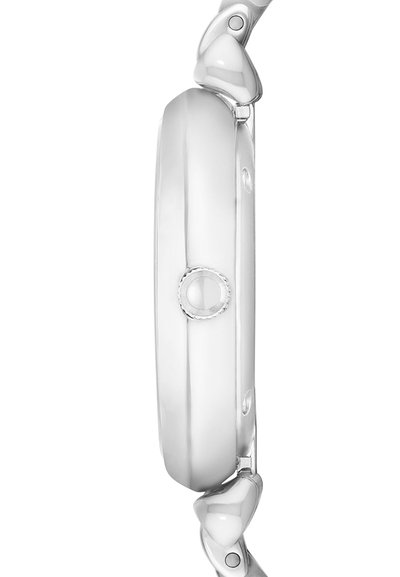 Silberner Metallarmbanduhr-Profil mit abgerundeten Kanten, glatter Oberfläche und einer kleinen Krone. Verfügt über ein poliertes Armband mit miteinander verbundenen Segmenten.