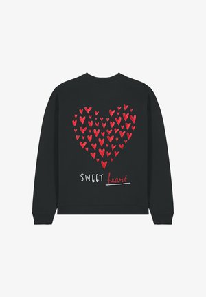 Felpa nera con un grande cuore rosso composto da cuori più piccoli e la scritta "SWEET heart" in bianco e rosso. Tessuto morbido.