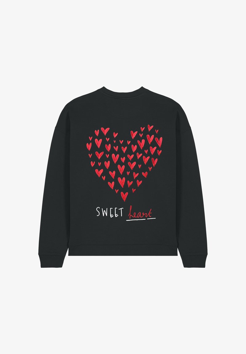 Felpa nera con un grande cuore rosso composto da cuori più piccoli e la scritta "SWEET heart" in bianco e rosso. Tessuto morbido.