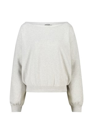 Pull-over gris clair à manches longues avec encolure large et poignets et ourlet élastiqués.