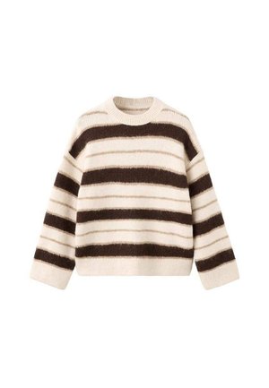 Striped sweater featuring cream and dark brown colors, made of soft material, with a round neckline and long sleeves.