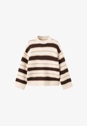Striped sweater featuring cream and dark brown colors, made of soft material, with a round neckline and long sleeves.