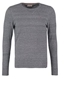 Pull gris à manches longues pour homme, col rond, petit logo Tommy Hilfiger sur la poitrine, poignets et ourlet côtelés.