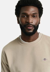 Lichtbeige sweatshirt met geribbelde ronde hals, voorzien van een klein geborduurd logo op de linkerborst. Zachte textuur, casual pasvorm.