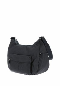 Borsa a spalla in tessuto nero con superficie testurizzata, multiple tasche con zip, tracolla regolabile e forma arrotondata. Presenta un logo di branding.