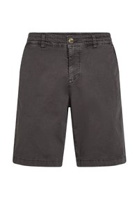 Donkergrijze shorts van lichtgewicht stof. Voorzien van een knoopsluiting, riemlussen en gestikte details. Kuitlange snit met een gladde textuur.