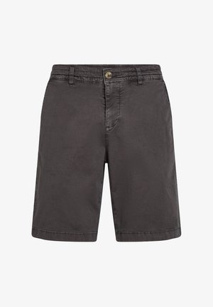 Tumši pelēki šorti, kas izgatavoti no viegla auduma. Iekļauj pogu aizdari, jostas cilpas un šūšanas detaļas. Ceļgalu garuma griezums ar gludu tekstūru.