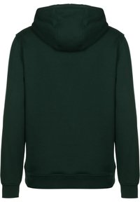 Sudadera verde oscura de tela suave, con una gran capucha, mangas largas y un dobladillo recto. No presenta diseño ni detalles visibles en la parte frontal.