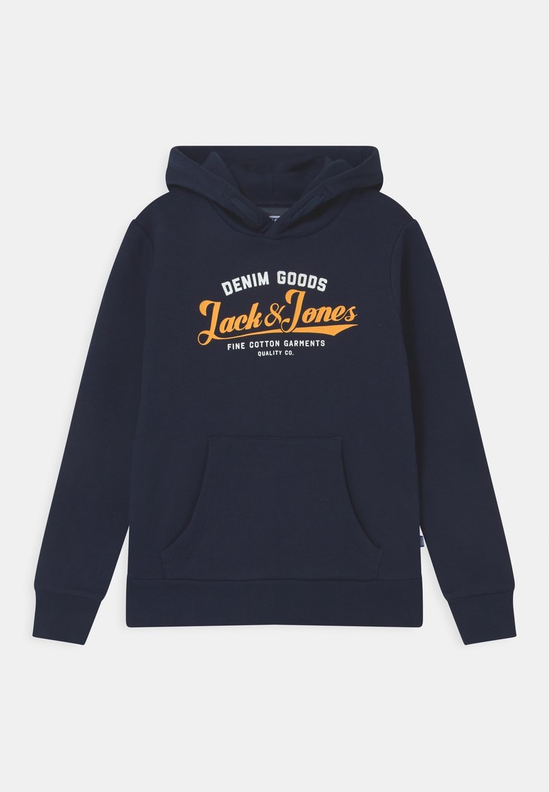 Sweat à capuche bleu marine en coton, doté d'une poche avant et d'un texte blanc et orange indiquant "DENIM GOODS Jack & Jones."