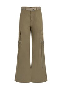 Cargo-Hosen aus olivgrünen Stoff mit weitem Bein, zwei seitlichen Taschen und einem passenden Gürtel mit einer runden Metallschnalle.