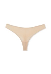 String beige con un design semplice, realizzato in tessuto trasparente; presenta sottili spalline e una copertura minima per una vestibilità discreta.