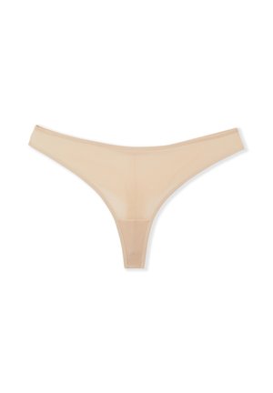 String beige con un design semplice, realizzato in tessuto trasparente; presenta sottili spalline e una copertura minima per una vestibilità discreta.