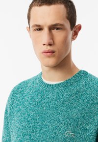 Maglione tricot di colore turchese con collo a giro. Presenta un motivo testurizzato e un piccolo logo ricamato sul petto. Tessuto morbido.