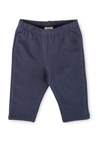 Pantaloni per neonati blu navy con elastico in vita e piccolo logo impresso sull'anca sinistra, realizzati in morbido tessuto di cotone.