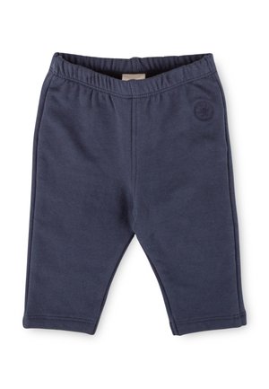 Marineblaue Babypants mit elastischem Bund und kleinem geprägten Logo an der linken Hüfte, aus weichem Baumwollstoff.
