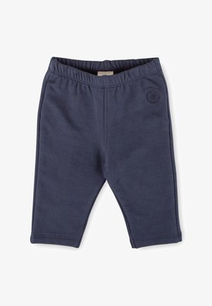 Navy blue baby pants with elastic waistband and small embossed logo on left hip, made of soft cotton fabric.