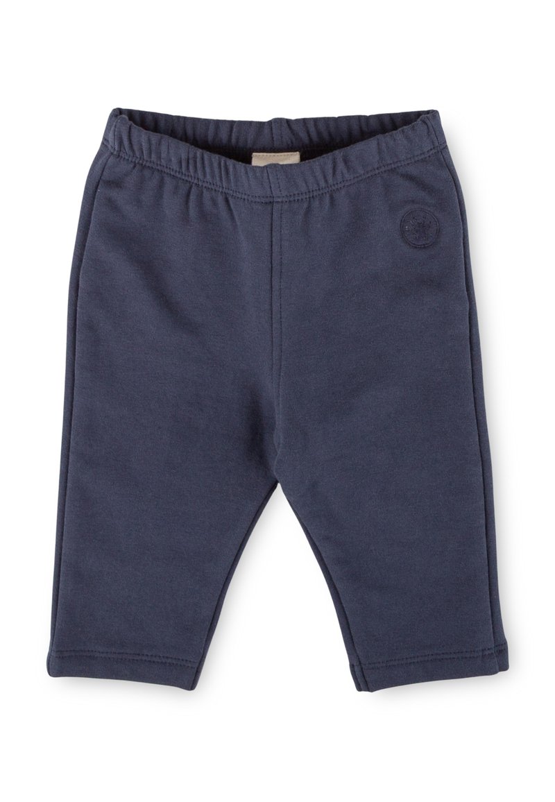 Pantaloni per neonati blu navy con elastico in vita e piccolo logo impresso sull'anca sinistra, realizzati in morbido tessuto di cotone.