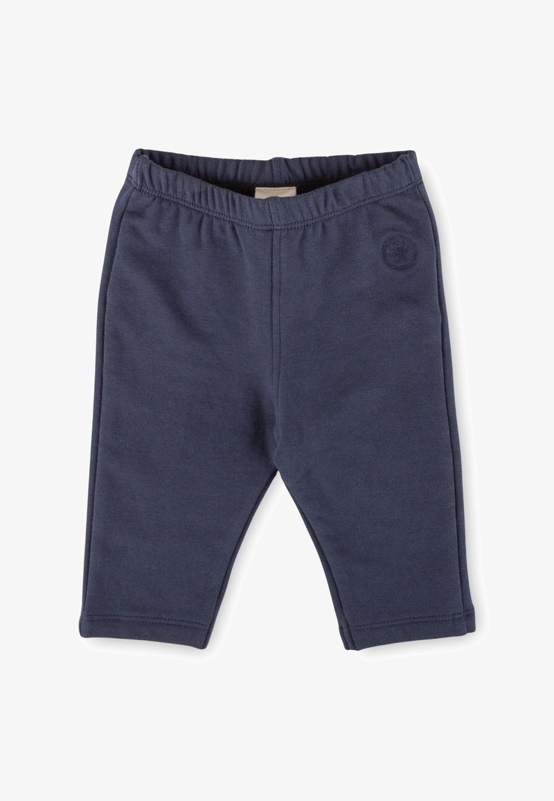 Pantaloni per neonati blu navy con elastico in vita e piccolo logo impresso sull'anca sinistra, realizzati in morbido tessuto di cotone.