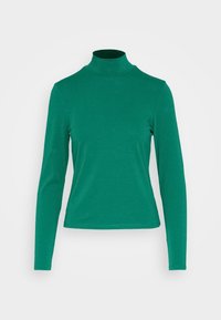 Grön långärmad polo-tröja i ett mjukt, elastiskt material. Har en figurnära design och en hög krage, utan mönster eller accenter.