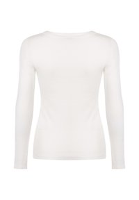 Effen witte, nauwsluitende, lange mouwen blouse gezien van achteren met een ronde halslijn en een gladde stoftextuur.