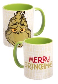 Mug in ceramica con interno e manico verdi. L'esterno presenta un'illustrazione del Grinch con la scritta "MERRY GRINGMAS" in rosso e oro.