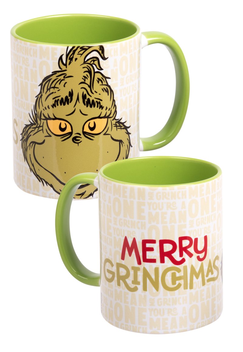 Mug in ceramica con interno e manico verdi. L'esterno presenta un'illustrazione del Grinch con la scritta "MERRY GRINGMAS" in rosso e oro.