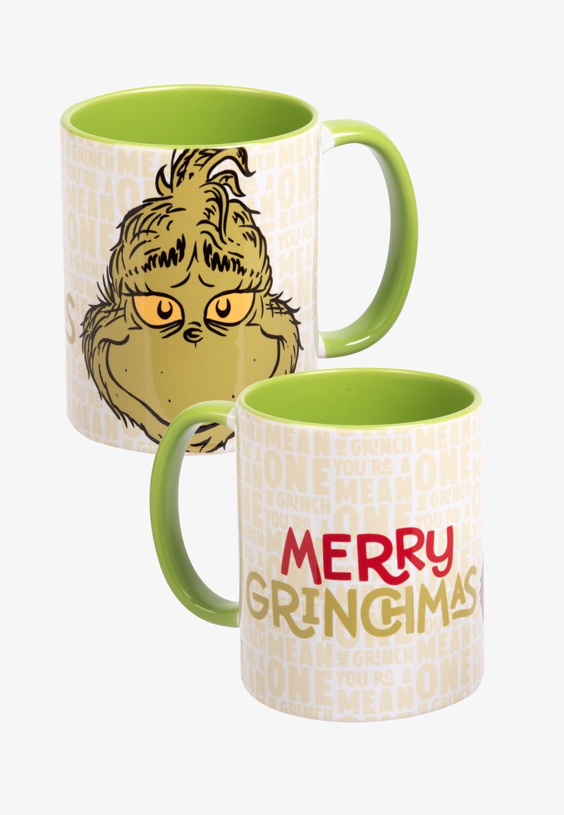 Mug in ceramica con interno e manico verdi. L'esterno presenta un'illustrazione del Grinch con la scritta "MERRY GRINGMAS" in rosso e oro.
