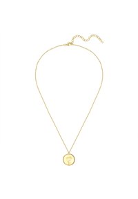 Zelta pārklāta kaklarota ar apaļu piekariņu, uz kura ir iegravēts ziedu raksts, piestiprināta pie smalkas ķēdītes ar regulējamu aizdari.