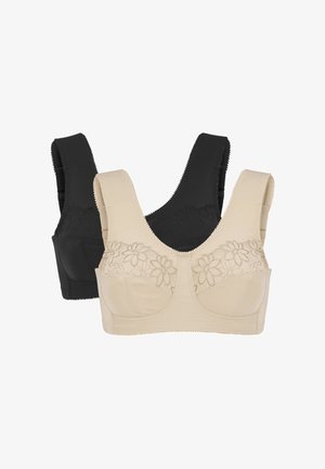 To bløde skåls-bh'er, en beige og en sort, hver med brede stropper og blomsterbroderi over de øverste skåle.