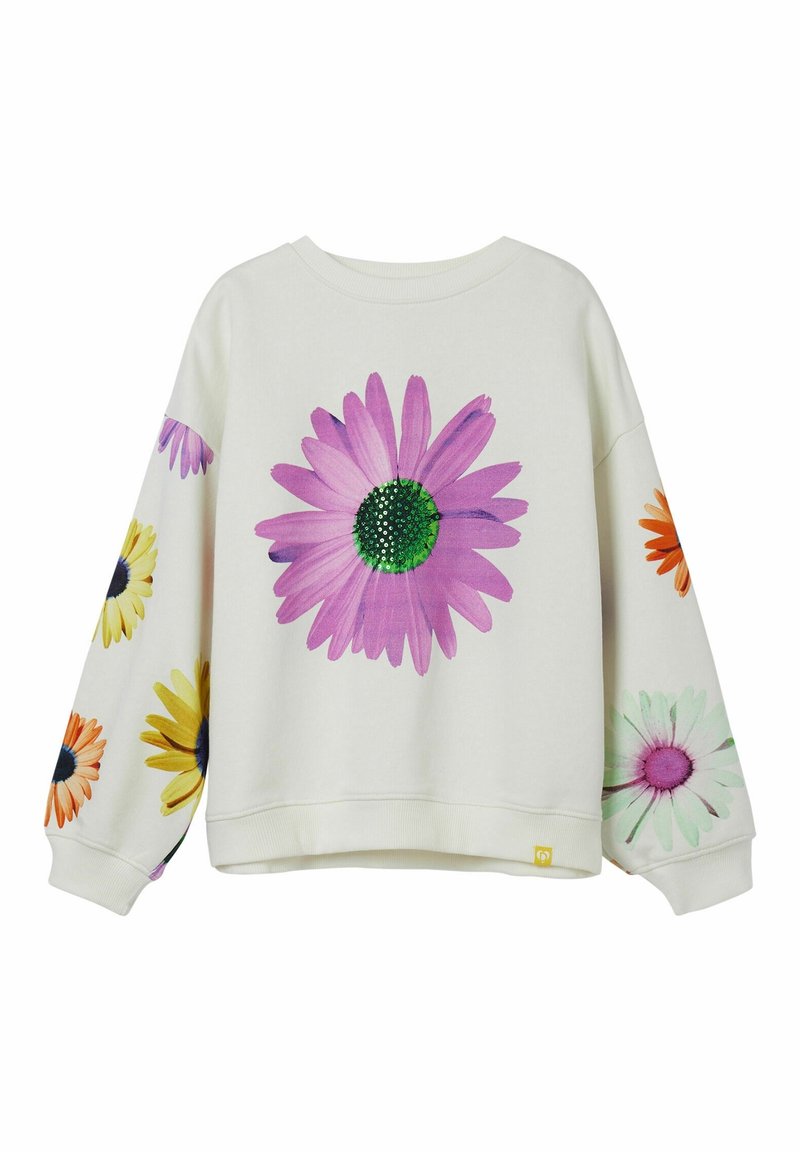 Sweatshirt blanc à manches longues, orné de grandes marguerites multicolores, dont une marguerite rose avec un centre vert bien visible sur l'avant.