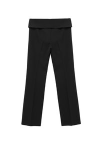 Pantalons noirs à jambe droite avec une taille large, présentant deux plis à l'avant et une texture lisse. Pas de matériel ou de motifs visibles.