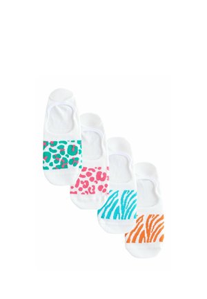 Vier Paar kurze Socken in Weiß mit bunten Tiermustern: türkisfarbener Leopard, rosa Leopard, blauer Zebra und orangefarbener Zebra Muster.