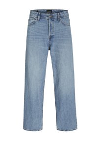 lichtblauwe denim jeans met een rechte pijp, hoge taille, klassiek vijf-pocket ontwerp en contrasterende stiksels.