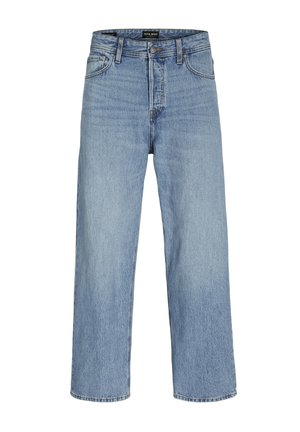 Light blue denim jeans with a straight leg cut, high waist, classic five-pocket design, and contrasting stitching.