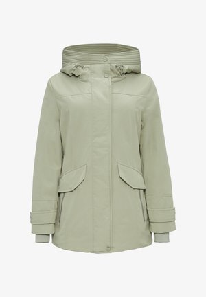 Veste vert clair avec capuche, dotée de deux poches avant, de détails côtelés autour de la capuche et de poignets élastiques. Texture lisse.