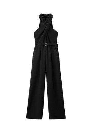 Schwarzer ärmelloser Jumpsuit mit überkreuztem Neckholder-Ausschnitt, tailliertem Gürtel, weit geschnittenen Hosenbeinen und Seitentaschen.