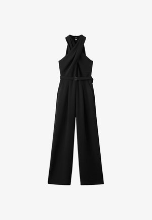 Tuta nera senza maniche con scollo incrociato a halter, vita con cintura, pantaloni a gamba larga e tasche laterali.