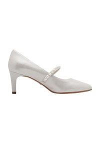 Escarpin blanc avec un bout pointu, fini brillant, et une sangle décorative ornée de petites perles. Talon bloc bas pour un bon soutien.