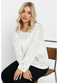 Vit stickad tröja med ett öppet mönster som har alternerande mönster. Långa ärmar och rund halsringning. Bärs över svarta byxor.