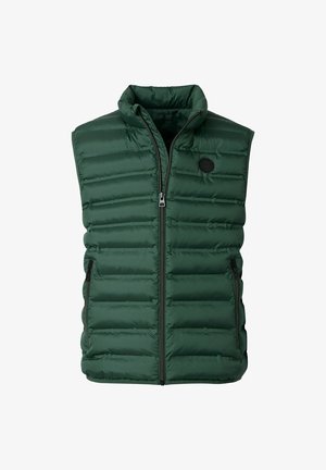 Donkergroene doorgestikte mouwloze pufferbodywarmer met ritssluiting aan de voorkant, hoge kraag, twee zijzakken met rits en rond zwart logo op de borst.