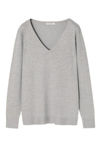 Grauer Pullover mit V-Ausschnitt, langen Ärmeln, gerippten Bündchen und Saum, aus weichem, strukturiertem Stoff. Schlichter und vielseitiger Stil.