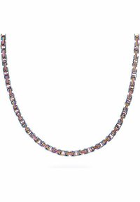 Collana in metallo arcobaleno con maglie rettangolari intrecciate. La superficie liscia e la finitura lucida esaltano il suo vivace motivo di colori.