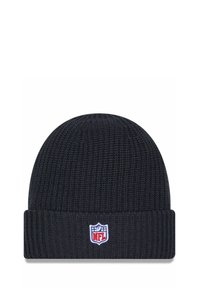 Strickmütze in Dunkelblau mit gerippter Textur und umgeschlagenem Bündchen. Enthält ein gesticktes NFL-Logo in Rot, Weiß und Blau.