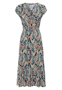 Paisley-mønstrets midi-kjole med korte ærmer, V-udskæring, elastisk talje og flæsekant i nuancer af orange, grøn, pink og sort.