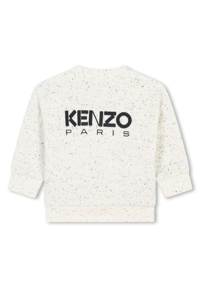 Sweatshirt en polaire blanche avec le logo noir "KENZO PARIS", motif éclaboussé, poignets et ourlet côtelés, et col rond.