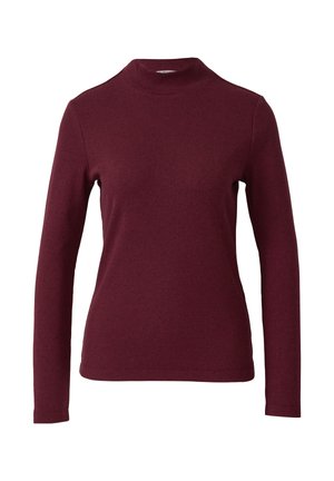 Bordeaux kleurige gebreide trui met lange mouwen, een hoge ronde hals, een slim fit en een geribbelde textuur.