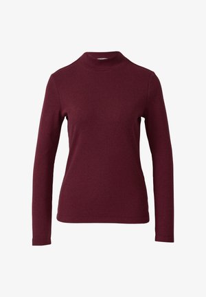 Burgundský pletený sveter s dlhým rukávom, vysokým okrúhlym výstrihom, priliehavým strihom a rebrovanou textúrou.