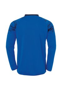 T-shirt de sport à manches longues en bleu royal, avec une texture lisse et des épaules à motif en bleu foncé contrasté. Encolure ronde.