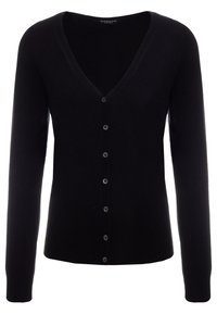 Cardigan nero con scollatura a V e maniche lunghe, caratterizzato da una chiusura frontale con bottoni e un materiale in maglia morbido e testurizzato.