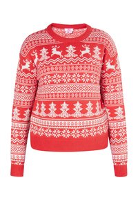 Piros kötött pulóver, amelyet fehér ünnepi minták díszítenek, mint például rénszarvasok, hópelyhek és karácsonyfák, bordázott mandzsettákkal és aljjal.